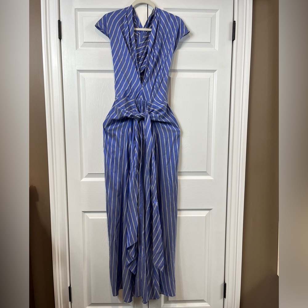TOME Blue and White Silk Maxi Sundress with Deep V- Neck and Cap Sleeves